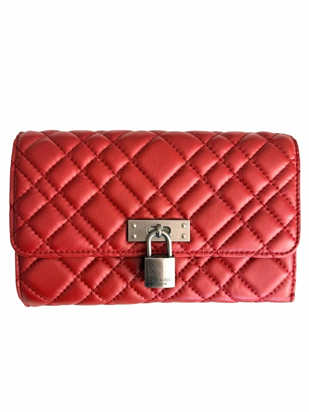 Kurt Geiger London Brixton Red Quilted Chain Wallet Leather Crossbody Small Bag